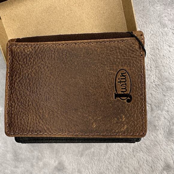 Justin RFID Front Pocket Wallet Brown Genuine Leather Suede Western Boot Stitch - Picture 3 of 9